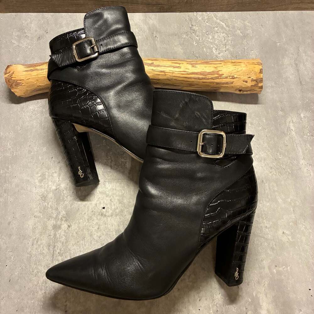 Sam Edelman Black Rita Leather Croc-Embossed Pointed Toe Ankle Boots Size 8.5